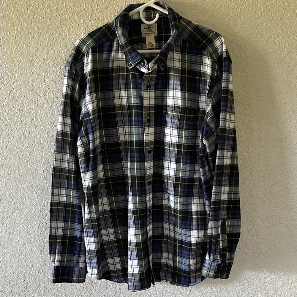 L.L. Bean Navy, White & Green Plaid Button-Down Shirt